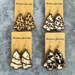 Christmas Tree Wood Leather Earrings For Women Leopard Cow Print Genuine Leather Inlaid Wooden Drop Earrings Festive Holiday Gift