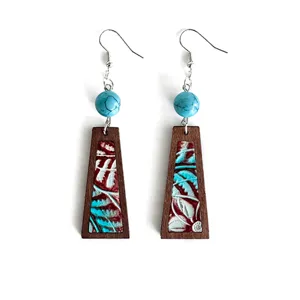 Vintage Western turquoise bead genuine leather wood drop boho earrings for women gift