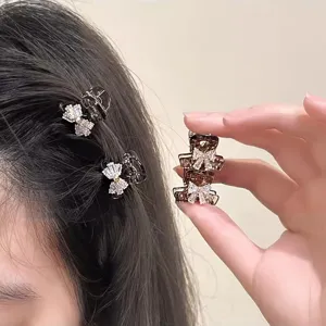 Korean style small hair claw clip with crystal bow, chic brown rhinestone mini hair accessory