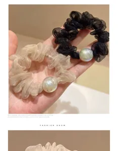 Chiffon mesh haarscrunchie met iriserende parel, elegante elastische haarband.