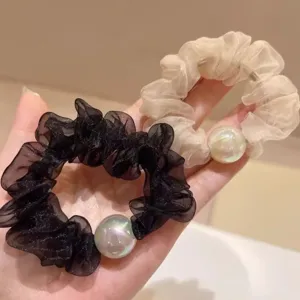 Koreaanse Stijl Iriserende Kunstparel Chiffon Scrunchie Effen Kleur Zachte Feeënstijl Elastische Haarelastiek Voor Vrouwen Haaraccessoires