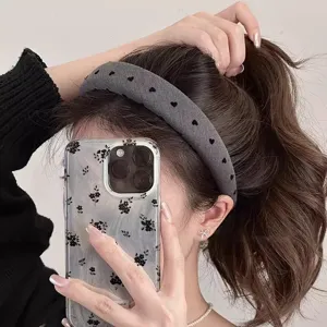 Korean wide padded headband, grey sponge hair hoop with cute heart print for daily wear.