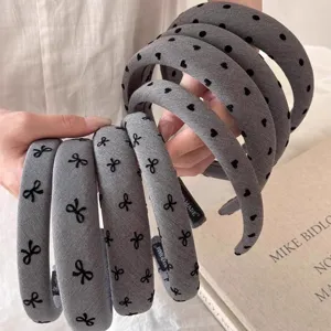 Korean style wide gray headband with black bow patterns, elegant hair hoop for daily wear.