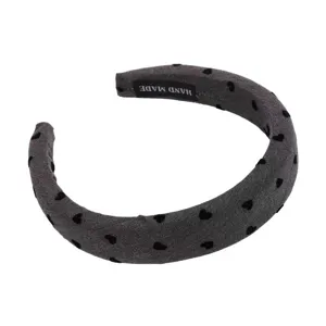 Korean style grey padded headband with cute black heart patterns, wide hair hoop for daily wear.