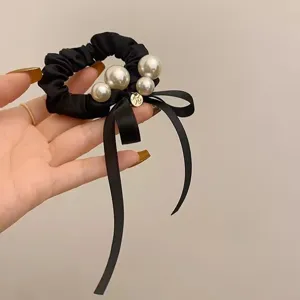 Elegante Satijn Strik Haarelastiek Met Kunstparel Legering Hanger Franse Stijl Effen Kleur Paardenstaart Houder Haarknipjes Voor Vrouwen