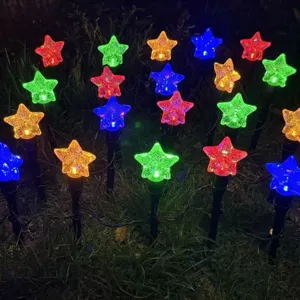 Lampes solaires d'exterieur en forme d'etoile eclairant la nuit, details d'eclairage de jardin.