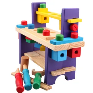 Children wooden tool bench toy educational hands-on assembly building construction set.