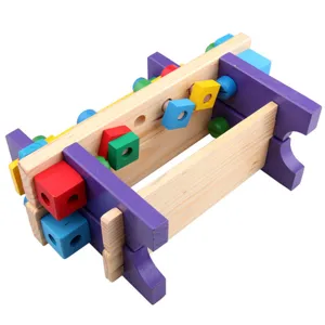 Wooden kids tool bench toy set with colorful screws and nuts for early learning motor skills.