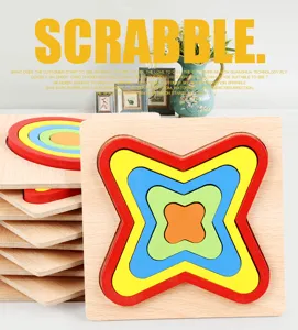 Kids wooden geometric shape matching puzzle toy, early educational 3D stacking blocks.