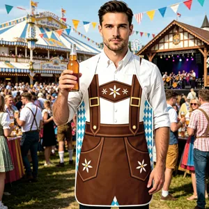 Detailed view of the Oktoberfest funny cosplay apron featuring traditional lederhosen print design.