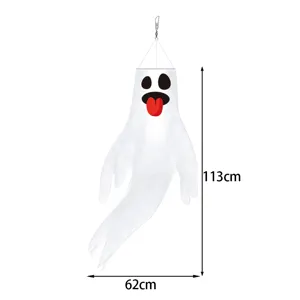Detail view of Halloween white ghost windsock hanging flag for outdoor party decoration 113x62cm
