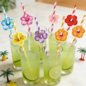 Hawaiian Party Straw Decoration Colorful Striped Paper Straws With Hibiscus Flower Cards Tropical Summer Beach Birthday Drink Toppers