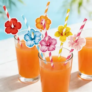 Hawaiian party decorative straw toppers colorful hibiscus flower drink inserts summer beach