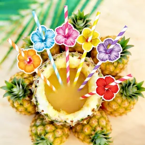 Hawaiian party decorative straw inserts hibiscus flower drink toppers summer beach birthday