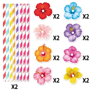 Hawaiian party decoration straws and paper flower inserts set for summer beach parties.