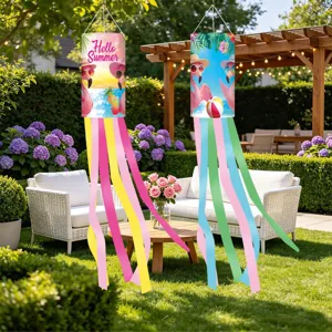 Manga de viento decorativa para exteriores con flamenco y cintas coloridas para fiesta en jardín.