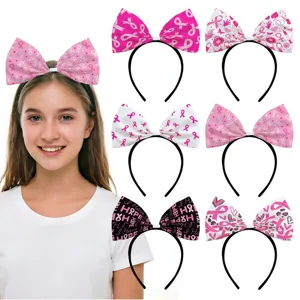 Breast Cancer Awareness Bow Headband Pink Ribbon Charity Event Party Decoration Headpiece For Women Girls Hope Pattern