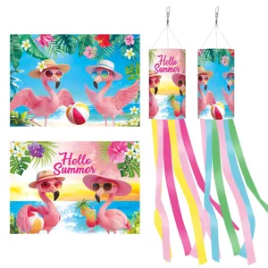 Manga de Viento para Exterior de Flamenco de Verano Hawaiano Adorno Colgante Cintas de Colores Decoración de Fiesta de Jardín Poliéster