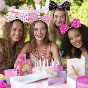Breast cancer awareness party bow headband set, pink ribbon hair hoop for women events.