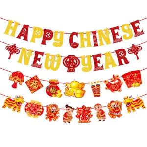 Chinesisches Neujahr Banner Dekoration Happy New Year Buchstaben Banner Rot Gold Glitzer Papier Girlande Für Frühlingsfest Party Deko