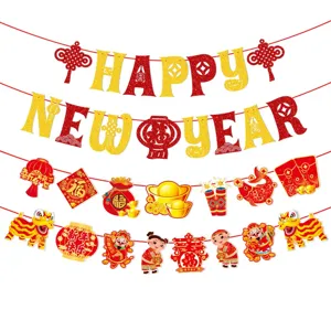 Chinesisches Neujahr Banner hängende Dekoration rote goldene Glitzer Buchstaben Set