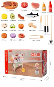Wooden barbecue grill pretend play toy set with realistic food accessories for kids kitchen cooking fun.