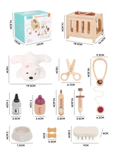 Wooden pet care pretend play toy set with doctor medical tools, plush puppy and cage for kids.