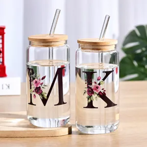 High Borosilicate Glass Cola Tumbler With Bamboo Lid And Straw Letter Floral Print Clear Drinking Cup