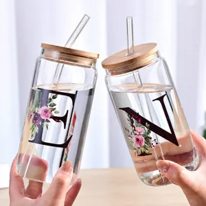 Glass Can Cup with Bamboo Lid and Straw Floral Letter Drinking Tumbler Cold Drink Juice 500ml