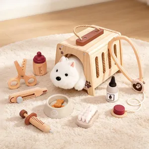 Wooden pet care role play toy set with carrier and medical accessories for kids learning.