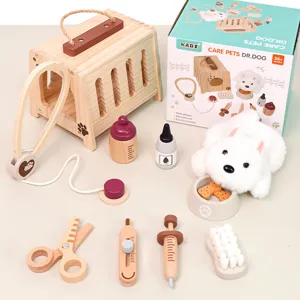Wooden pet doctor role play toy set with carrier plush dog and medical tools for kids