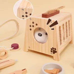 Wooden pet vet pretend play toy set for kids, interactive wooden carrier with plush animal.