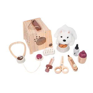 Wooden pet doctor pretend play toy set with cute plush dog, crate and medical accessories.