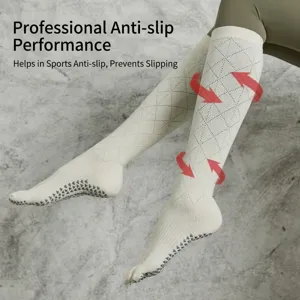 Non-slip long yoga socks for women, pilates split toe design with grip dots and breathable mesh.