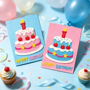 Detail de carte de voeux d'anniversaire 3D en feutre fait main avec gateau et ballons.