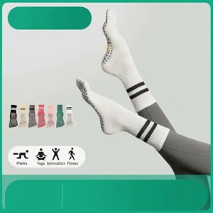 Damen Rutschfeste Fünf Zehen Yoga Socken Reine Baumwolle Athletisch Pilates Fitness Mittelhoch Gestreifte Sportsocken Für Fitnessstudio