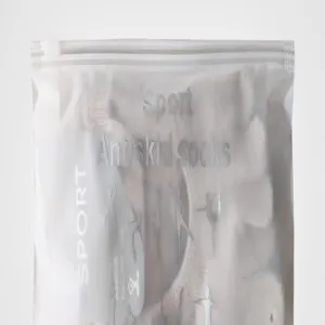 Detailed view of women's five finger non slip yoga socks packaged in a frosted zipper bag.