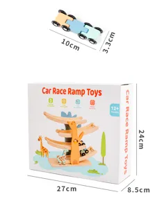 Wooden car race ramp toy detail, colorful multi-layer track set for kids toddler sensory.