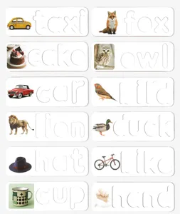 Wooden spelling word game learning cards detail view with pictures and hollow English words.