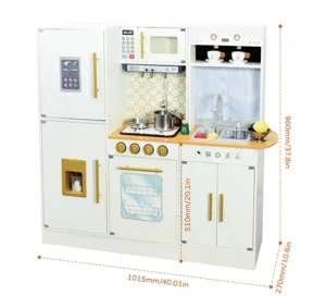 Wooden kids play kitchen toy detail view showing interactive features and dimensions