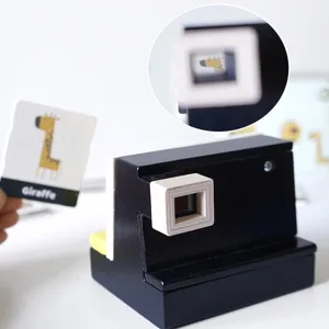 Wooden simulation camera toy for kids, retro design with animal cognition cards for early education.