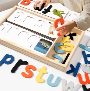 Kids wooden alphabet spelling puzzle toy with colorful letters and cards for learning.