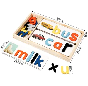 Wooden spelling word game toy for kids, alphabet learning flashcards and storage box set.