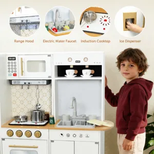 Wooden kids corner kitchen toy play set with running water faucet electronic stove ice maker