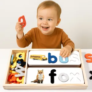 Wooden alphabet spelling matching game educational toy for kids learning English letters words.