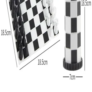 Detailed dimension view of black and white plastic chess set with portable storage case.