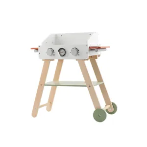 Wooden BBQ grill toy for kids pretend play, kitchen cooking playset with wheels.