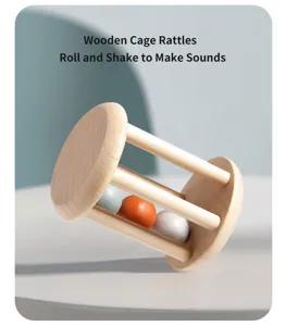 Wooden cage rattle toy for babies, natural wood material with colorful rolling balls inside.