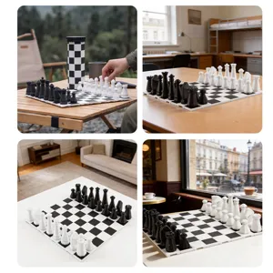 Portable black and white chess set with storage cylinder, plastic chess pieces and board games.