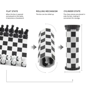 Portable rollable plastic chess set black and white board game for kids storage cylinder